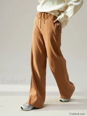 Camel Drawstring Ribbed Trendy Wide Leg Pants Pants