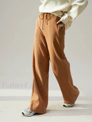 Camel Drawstring Ribbed Trendy Wide Leg Pants Pants