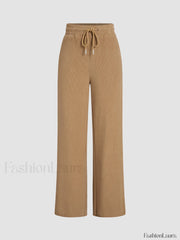 Camel Drawstring Ribbed Trendy Wide Leg Pants Camel / XS Pants