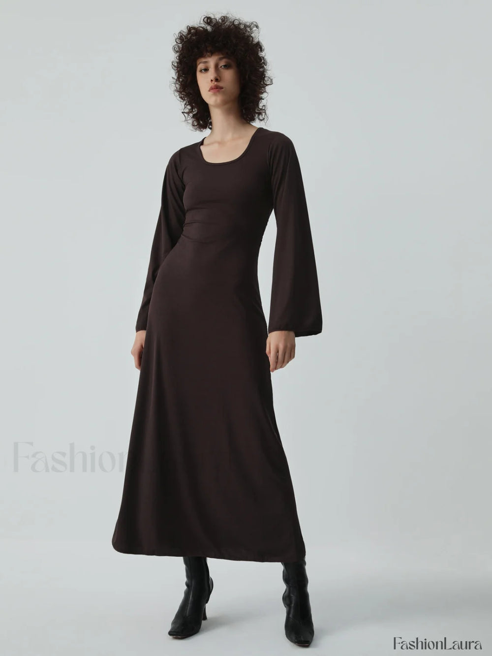Caramel Flare Long Trendy Sleeve Knit Long Dress Knit Dresses