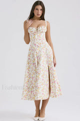 Carmen Elegant Bustier Sundress XS / Ivory Meadow Print