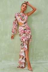Cassidy One Shoulder Charming Floral Maxi Dress S / Pink