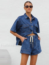 Casual Denim Shirt Pants Two Piece Set