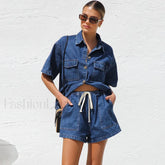 Casual Denim Shirt Pants Two Piece Set blue / S