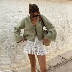 Casual Hollow V Neck Streetwear Blouse Dark green / S