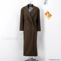 Casual Solid Double Breasted Long Overcoats Dark Brown / S