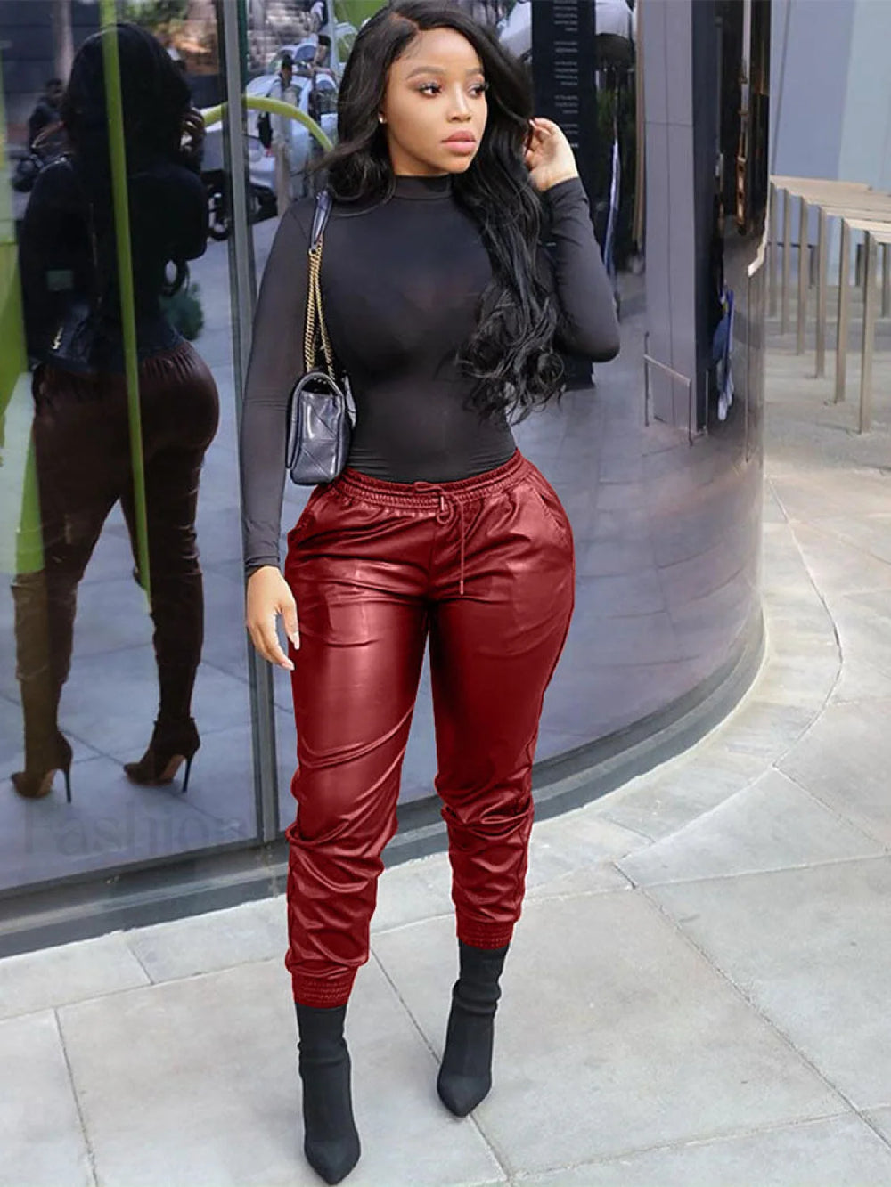 Casual Solid PU Pants Burgundy / M Pants