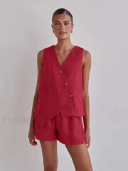 Casual Spaghetti Strap Crop Shorts Two Piece Set Red / S