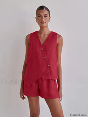 Casual Spaghetti Strap Crop Shorts Two Piece Set Red / S