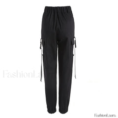 Casual Style Buckled Cargo Pocket High Waist Harem Pants Black Pants