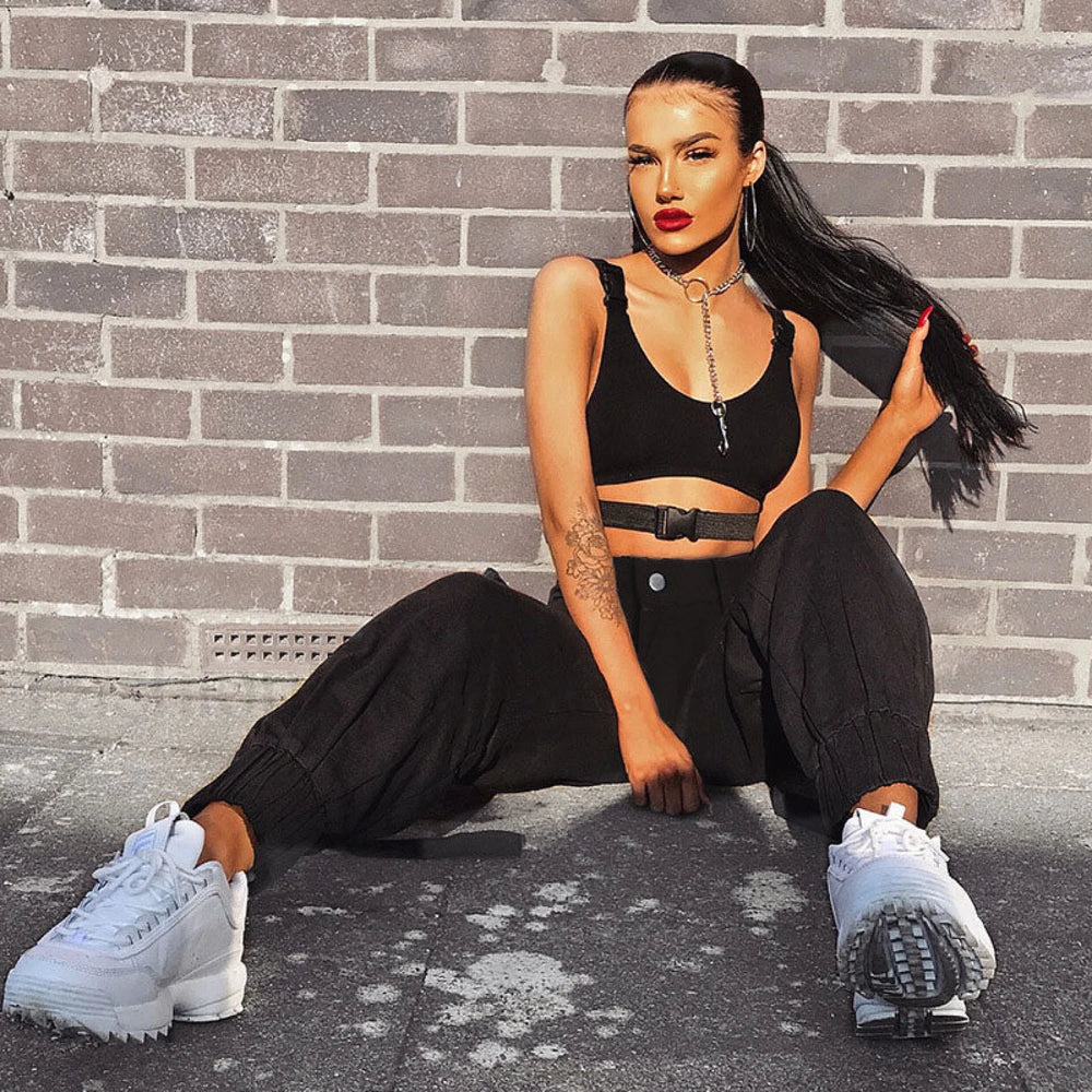 Casual Style Buckled Cargo Pocket High Waist Harem Pants Black L / Black Pants