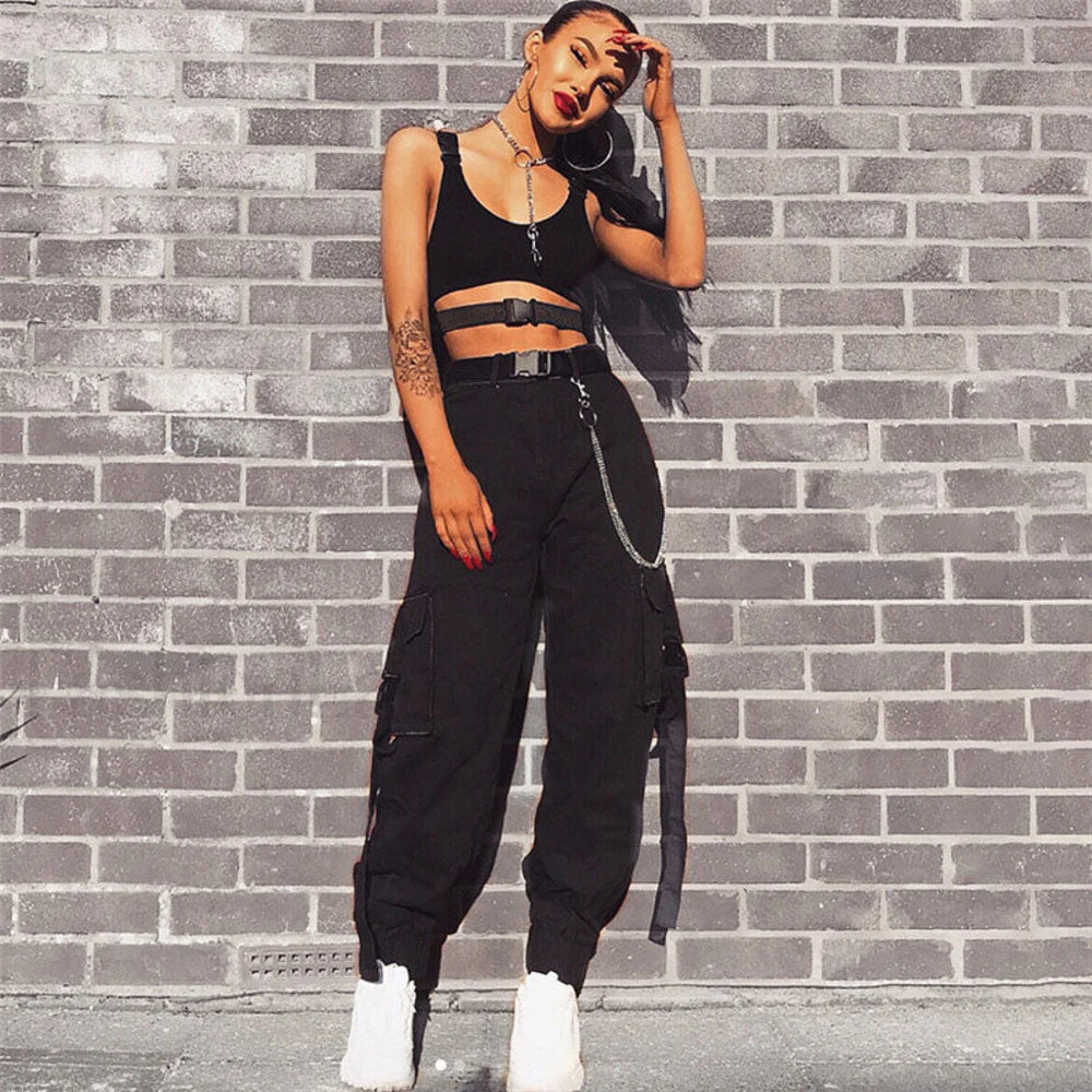 Casual Style Buckled Cargo Pocket High Waist Harem Pants Black M / Black Pants