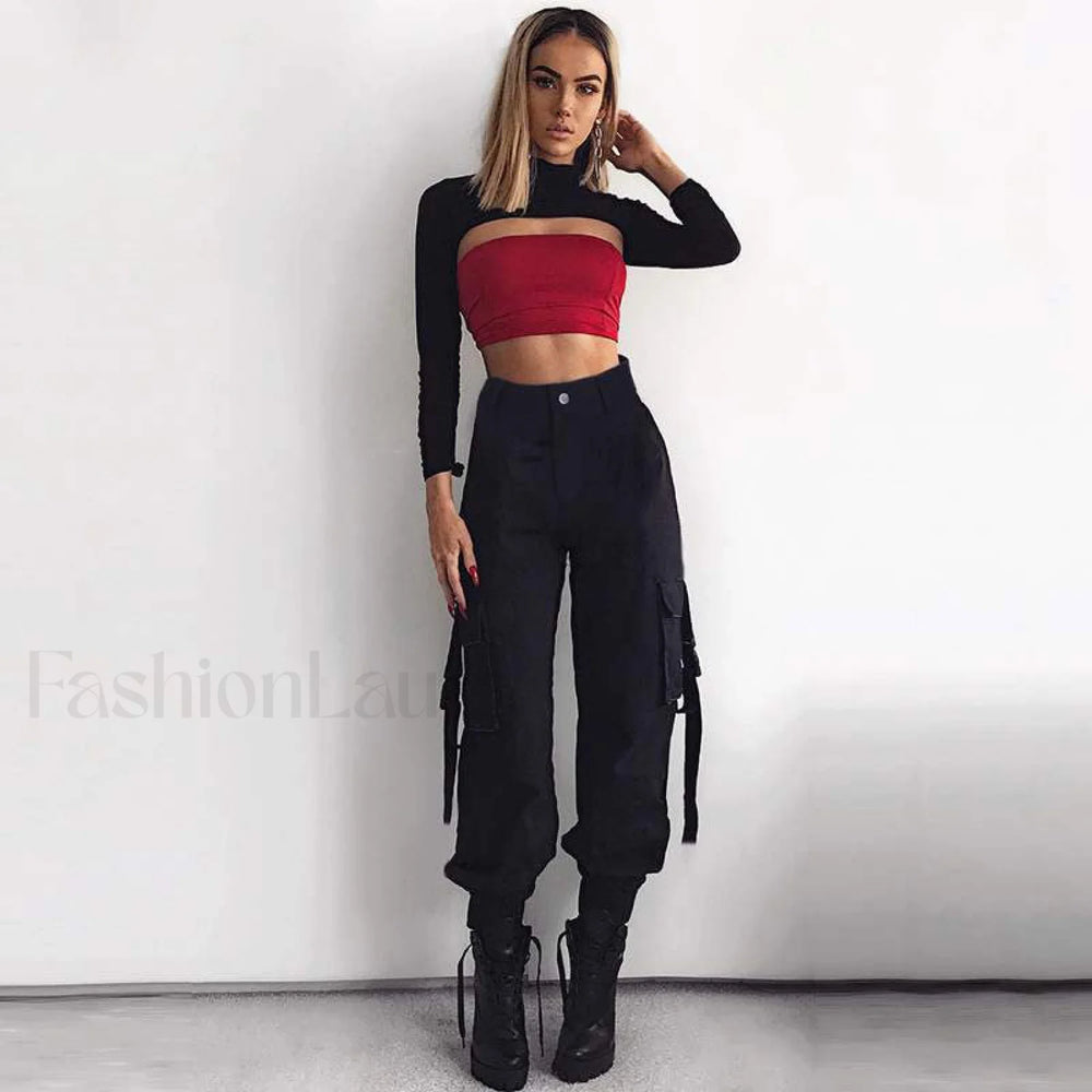 Casual Style Buckled Cargo Pocket High Waist Harem Pants Black S / Black Pants
