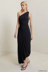 Catalina One Shoulder Charming Pleated Satin Dress