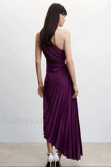 Catalina One Shoulder Charming Pleated Satin Dress