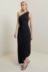 Catalina One Shoulder Charming Pleated Satin Dress