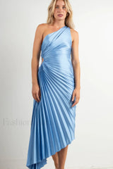 Catalina One Shoulder Charming Pleated Satin Dress XS / Fresco