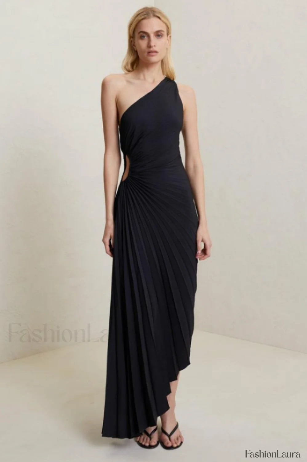 Catalina One Shoulder Charming Pleated Satin Dress XS / Black