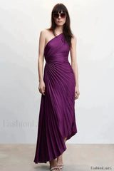 Catalina One Shoulder Charming Pleated Satin Dress XS / Grapefruit