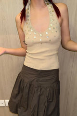 Shell Button Halter Knit Deep V Neck Tank Top