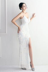 Intricate Beadwork Figure Hugging Gown Formal Dress S / White