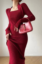 Solid Knitted Square Neck Slim Maxi Dress