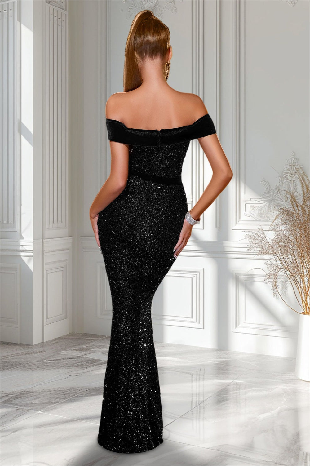 Sequin Off Shoulder Slit Formal Dress S / Black