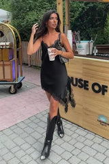 Alluring Asymmetric Lace Trim Fitted Mini Dress
