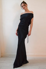 Satin Off Shoulder Backless Tie Waist Slim Fit Long Sexy Prom Dress