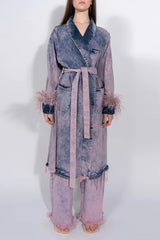 Denim Ostrich Feather Trim Belted Overcoat
