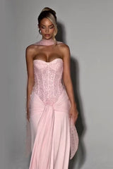 Ribbon Strapless Corset Maxi Evening Prom Dress