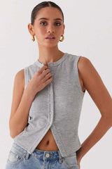 Round Neck Button Detail Ribbed Slim Tank Top
