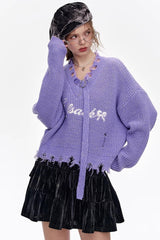 Red Embroidered Raw Edge Wool Blend Sweater