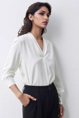 V Neck Satin Long Sleeve Blouse