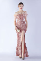 Velvet Sequin Ostrich Feather Off Shoulder Formal Dress