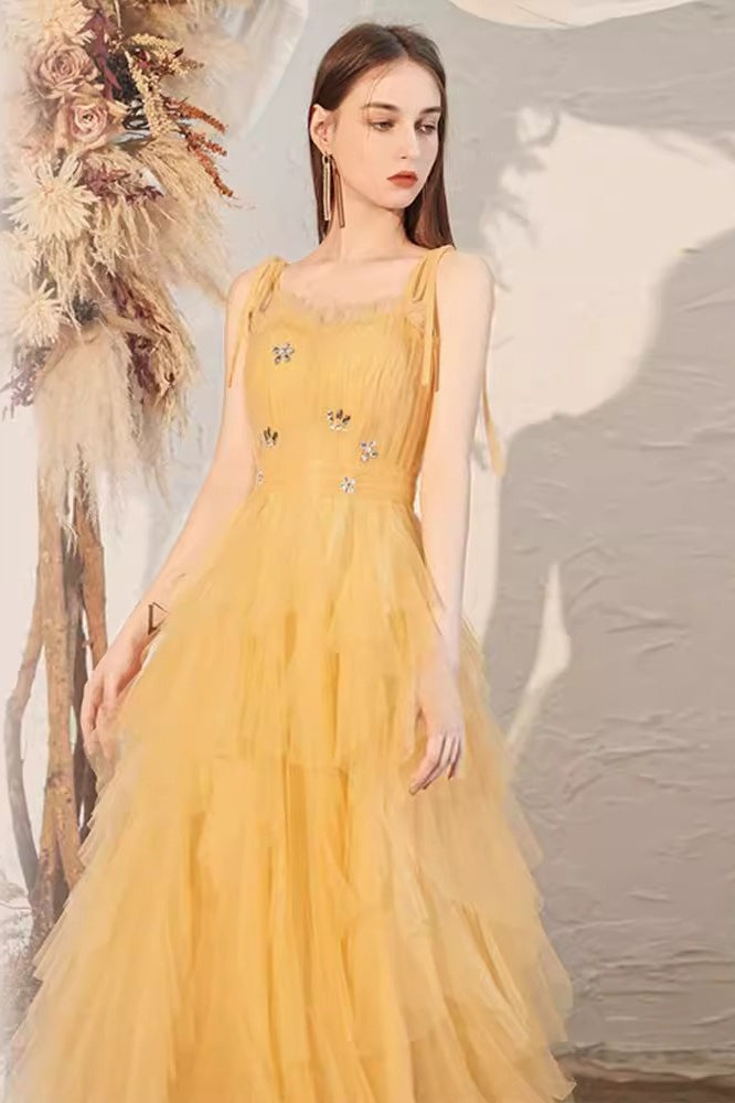 Yellow Spaghetti Strap Mini Formal Dress