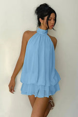 Sexy Backless Halter Tie Waist Slim Fit Ruffled Mini Dress