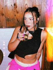 Chain Cut Out Rib Knit Asymmetrical Crop Top