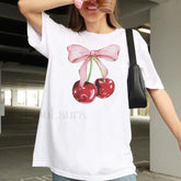 Cherry Bow Vintage Cottagecore T Shirt WHITE / S