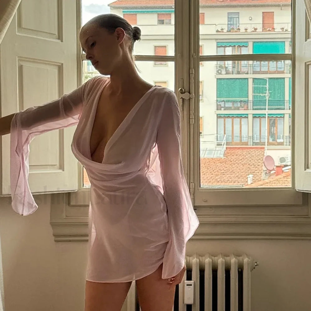 Chiffon Swinging Collar Mini Dress Pink / S