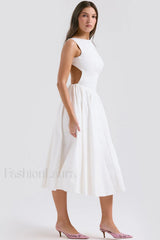 Cindy White Stylish Twill Midi Sundress