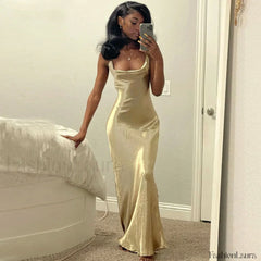 Classy Cowl Neck Tie String Silky Slip Maxi Dress Champagne Party Dresses L