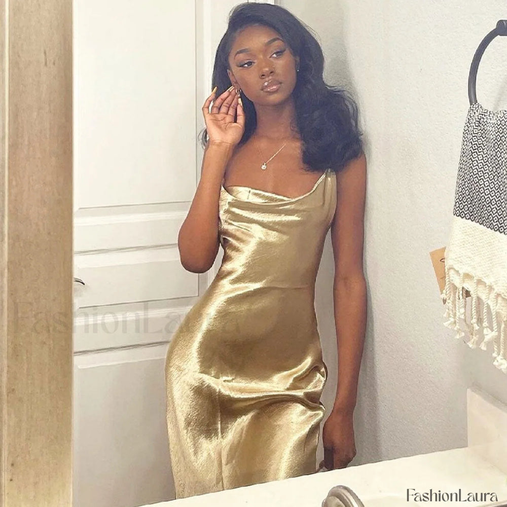 Classy Cowl Neck Tie String Silky Slip Maxi Dress Champagne S / Champane Party Dresses L