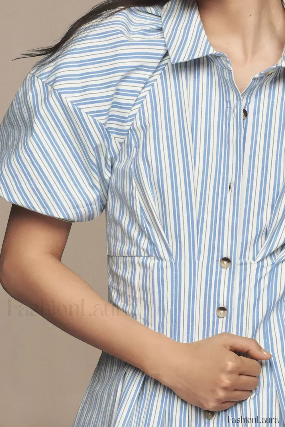 Collared Striped Shirt Button Front Work Skirt