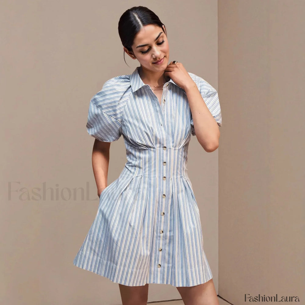 Collared Striped Shirt Button Front Work Skirt