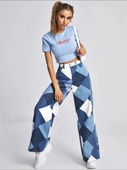 Color Block Argyle Print Wide Leg Jeans Blue / M Jeans