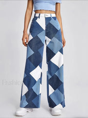 Color Block Argyle Print Wide Leg Jeans Jeans