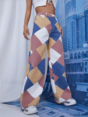 Color Block Argyle Print Wide Leg Jeans Jeans