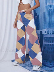 Color Block Argyle Print Wide Leg Jeans Jeans