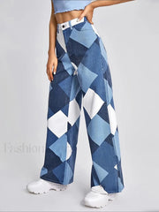 Color Block Argyle Print Wide Leg Jeans Jeans